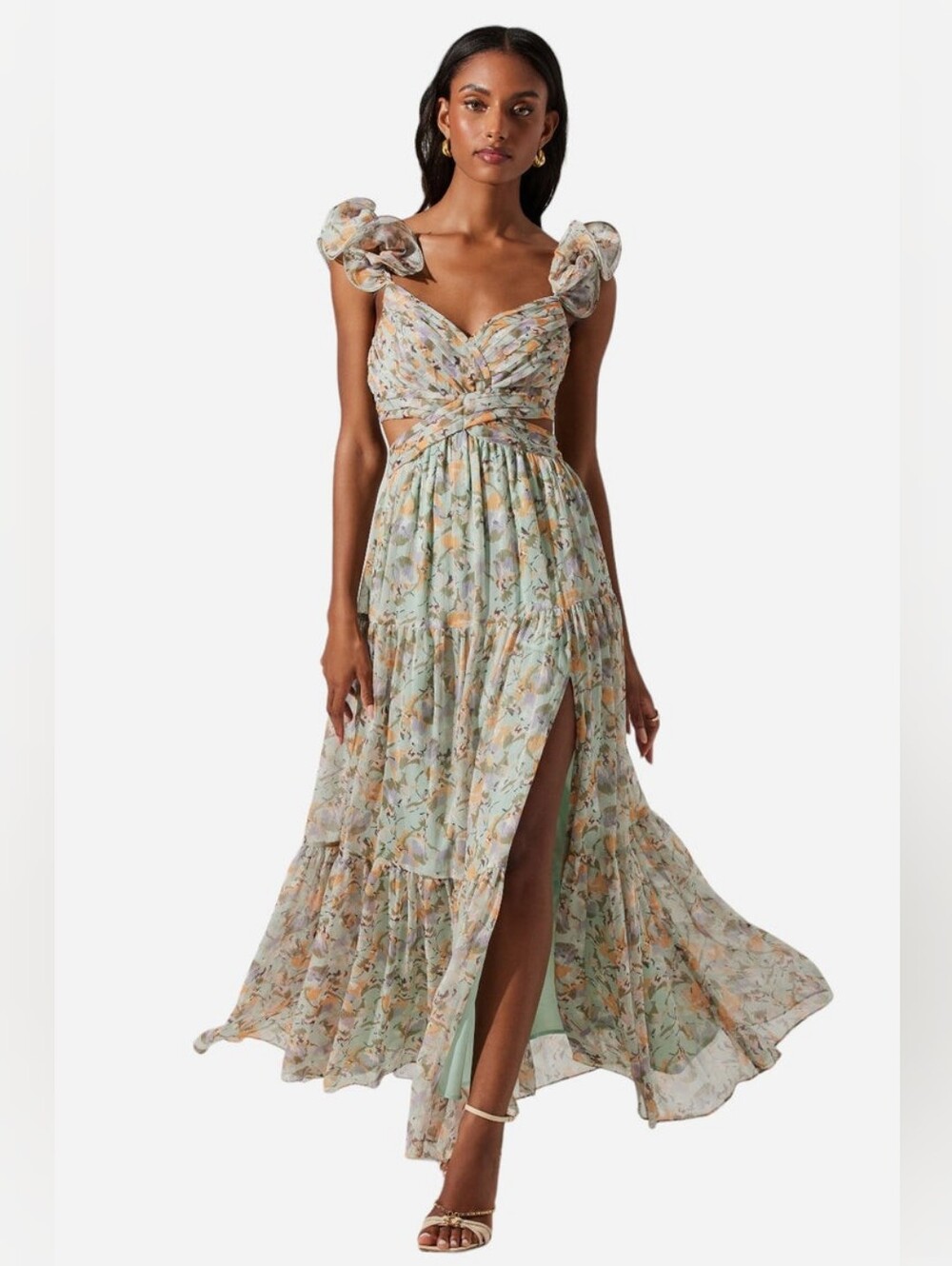 Astr Light Blue Floral Cutout Maxi Dress with Taupe Accents